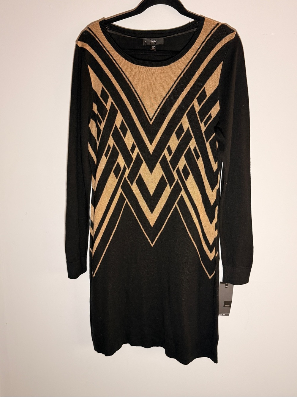 Mossimo Supply Co. Black and Camel Geometric Long-Sleeve Knit Sweater Dress